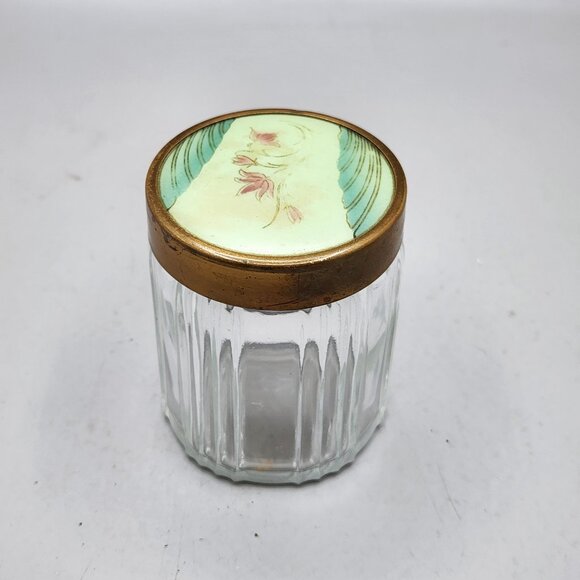 Antique 3 Jar Dresser Vanity Set Celluloid Green Floral 2 Powder Puffs - Picture 9 of 16